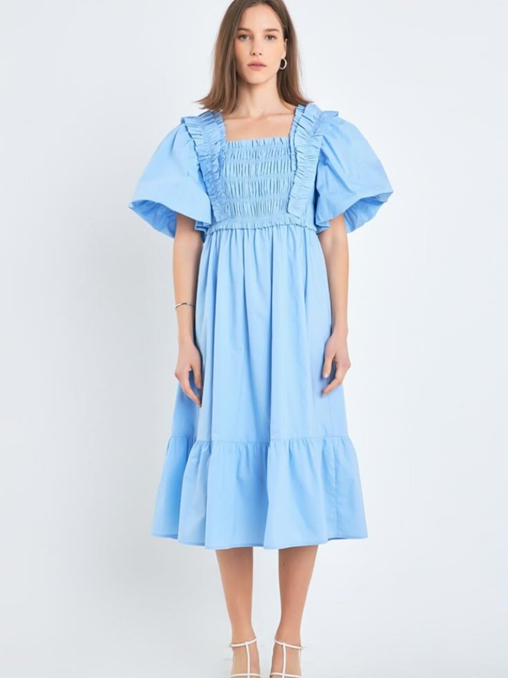 English Factory Puff Sleeve Square Neck Midi Dress